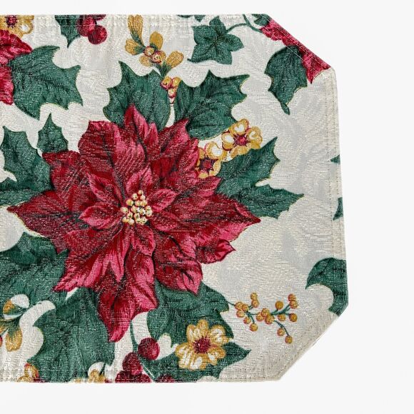 Poinsettia Christmas Placemats Set 4 Cloth Textured Red Green Octagon 16x12 - Picture 7 of 9